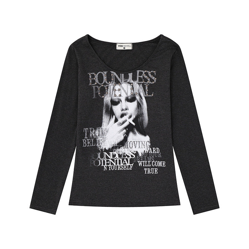 Damen Longsleeve-Shirt mit Fotoprint und Nietenapplikation Shop Nory