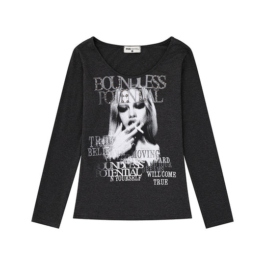 Damen Longsleeve-Shirt mit Fotoprint und Nietenapplikation Shop Nory