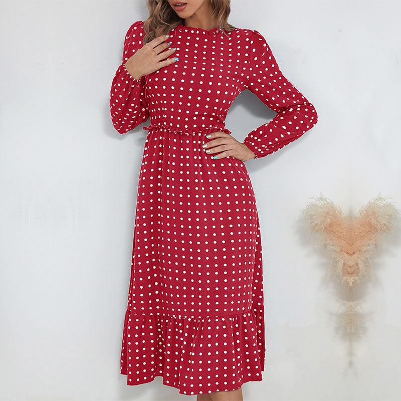 Damen Midikleid im Retro-Polka-Dot-Stil mit Stehkragen, taillierter Raffung und Volant Shop Nory