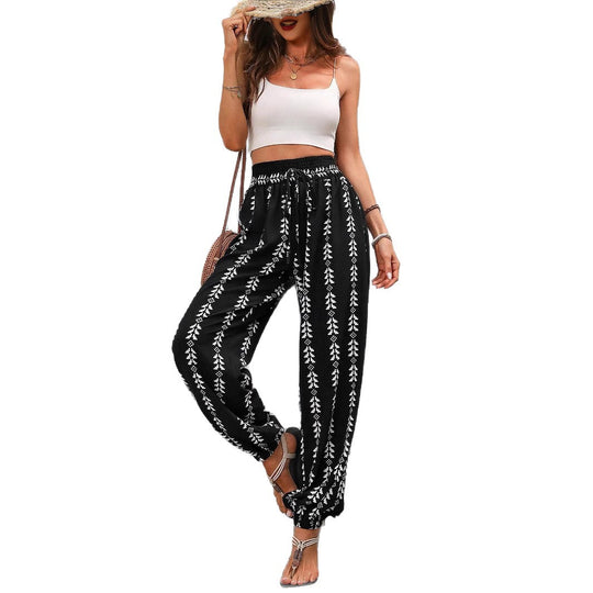 Damen Locker geschnittene Leinenoptik-Hose mit Smokbund, Kordelzug und Ethno-Print Shop Nory