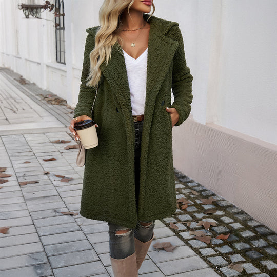 Damen nan kuscheliger Teddy‑Mantel mit Kapuze, doppelreihiger Knopfleiste und Eingrifftaschen Shop Nory