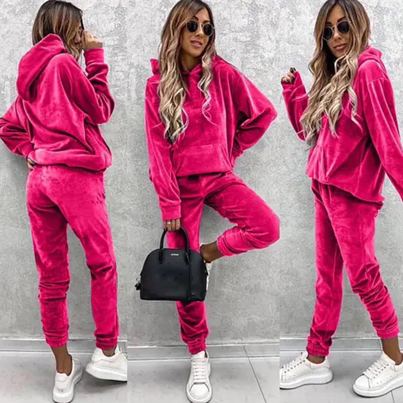 Damen luxuriöses Mikrofaser-Sportanzug mit Kapuze und Taschen
