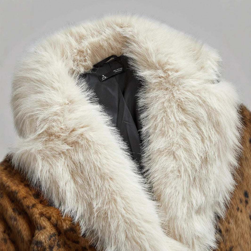 Damen Midilanger Kunstpelzmantel im Animal-Look mit abgesetztem Langhaar-Kragen und Manschetten Shop Nory