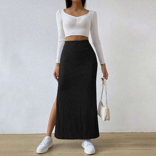 Damen gerippter Maxi-Rock mit hohem Bund, taillierter Stretchpassform und schmeichelnder Längsrippe Shop Nory