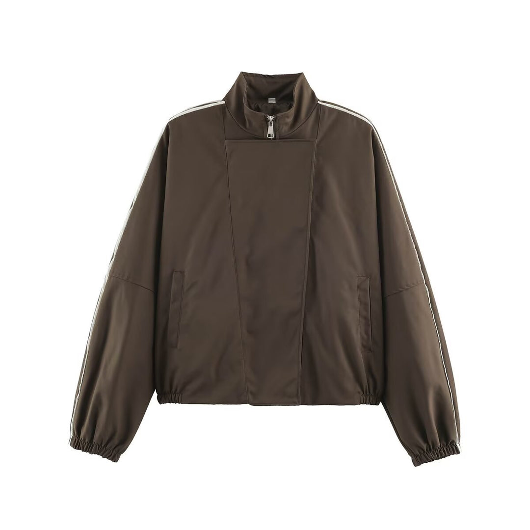 Damen Oversize Bomberjacke im Blouson‑Stil mit hohem Stehkragen, verdecktem Reißverschluss und Kontrastpaspel Shop Nory