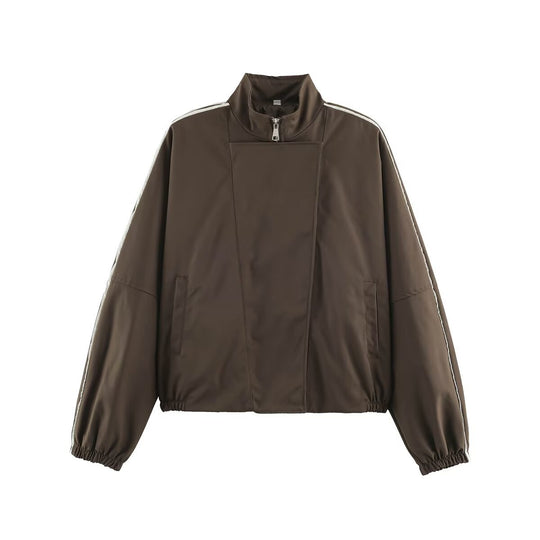 Damen Oversize Bomberjacke im Blouson‑Stil mit hohem Stehkragen, verdecktem Reißverschluss und Kontrastpaspel Shop Nory