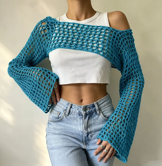 Damen gehäkelter kurzer Bolero mit asymmetrischem Schulterauschnitt und ausgestellten Ärmeln Shop Nory