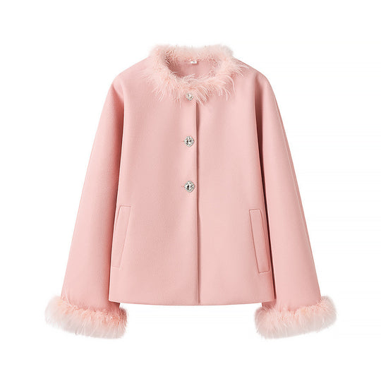 Damen Eleganter Kurzmantel mit Kunstfederbesatz und Schmuckknöpfen Shop Nory