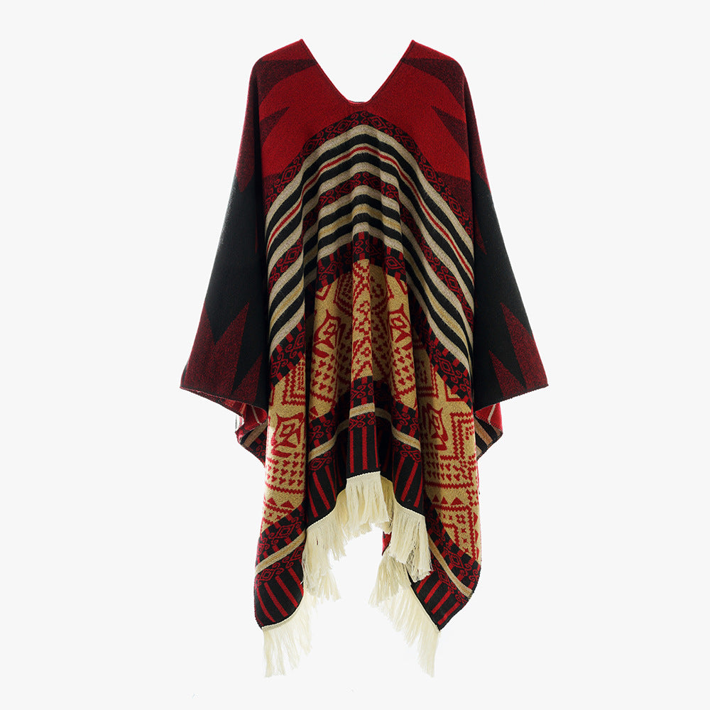 Damen Jacquard‑Ruana im Deckenstil mit V‑Ausschnitt, geometrischem Ethno‑Muster und Fransensaum Shop Nory