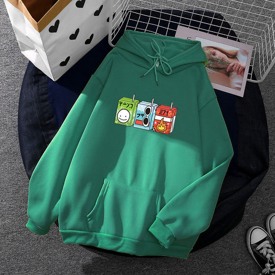 Damen nan oversized Kapuzenpullover mit Cartoon-Getränkekarton-Print, Kängurutasche und weichem Innenfutter Shop Nory