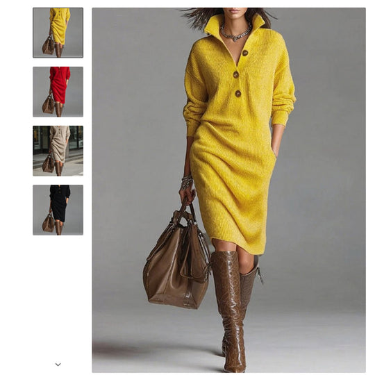 Damen nan gestricktes Pulloverkleid mit Polokragen, Eingrifftaschen und lässiger Passform Shop Nory