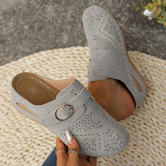Damen Atmungsaktive Lederimitat-Mules mit ergonomischem Komfortfußbett und Zierschnitt Shop Nory