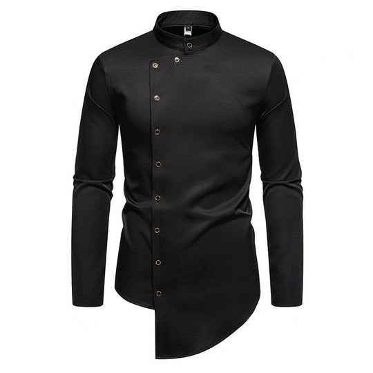 Herren elegantes Langarm-Hemd mit modernem Stehkragen und asymmetrischem Schnitt Shopnory