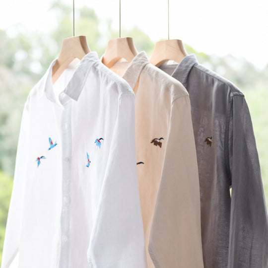 Herren Leichtes Leinenhemd mit feiner Vogelstickerei und Relaxed Fit Shop Nory