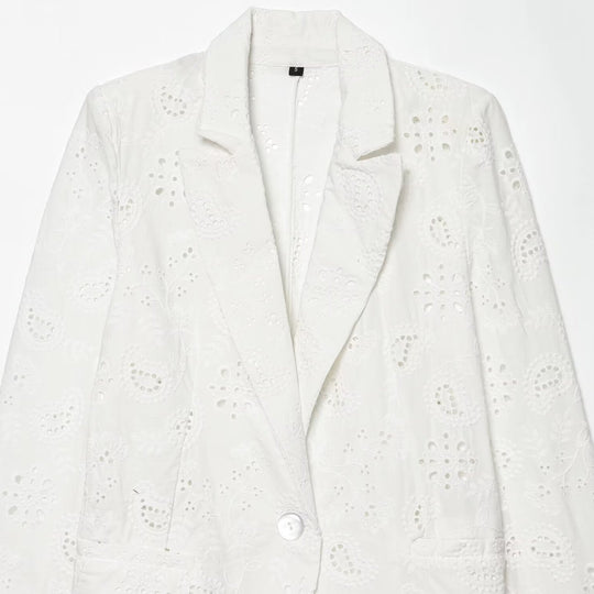 Damen Leichter Broderie-Anglaise-Blazer mit Schalkragen und Lochstickerei Shop Nory