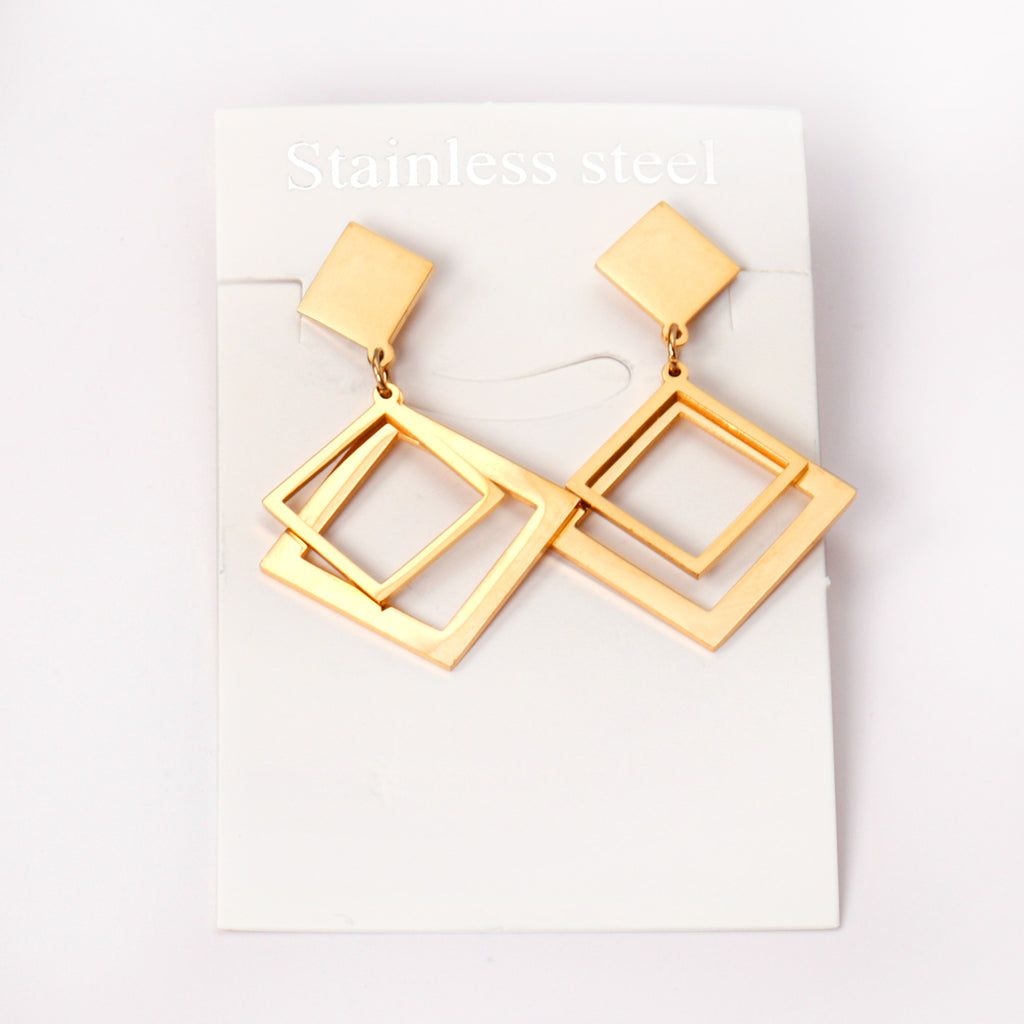 Damen Ohrringe mit elegantem, doppellagigem Rechteckdesign aus Edelstahl und goldplattierter Oberfläche Shop Nory