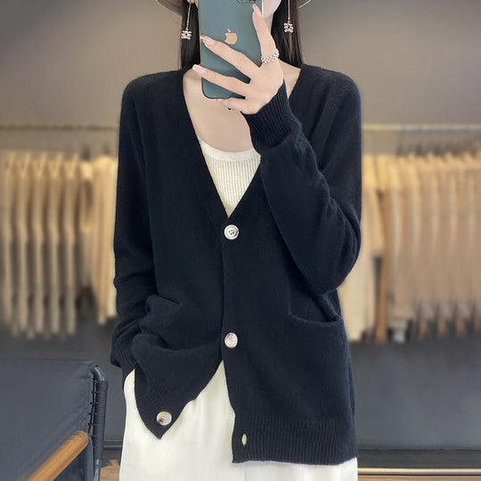Damen Lässiger Feinstrick-Cardigan mit V‑Ausschnitt, Eingrifftaschen und breitem Rippbund Shop Nory
