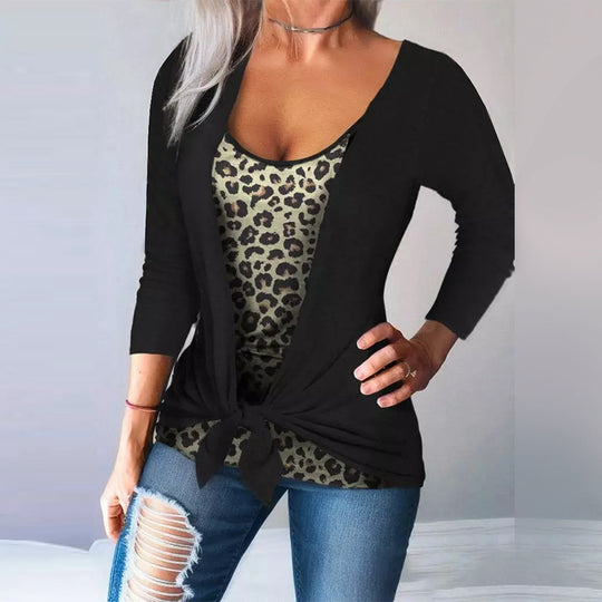 Damen Langarmshirt mit Leoparden-Print-Einsatz und Knotenfront Shop Nory