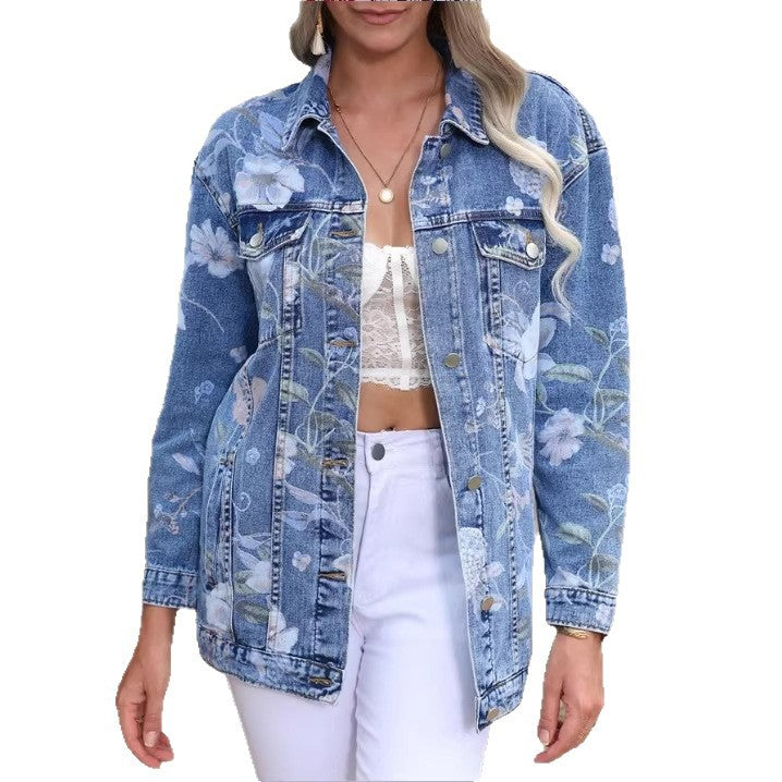 Damen Längere Jeansjacke mit floraler Allover-Print, Brust-Pattentaschen und lässiger Oversize-Passform Shop Nory