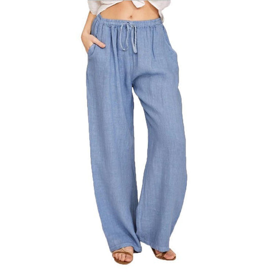 Damen Weite Leinenoptik-Hose mit Gummibund, Tunnelzug und Eingrifftaschen Shop Nory