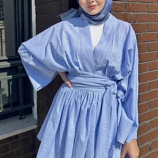 Damen Kimono-Wickelkleid in Leinenoptik mit weitem Rock und Bindegürtel Shop Nory