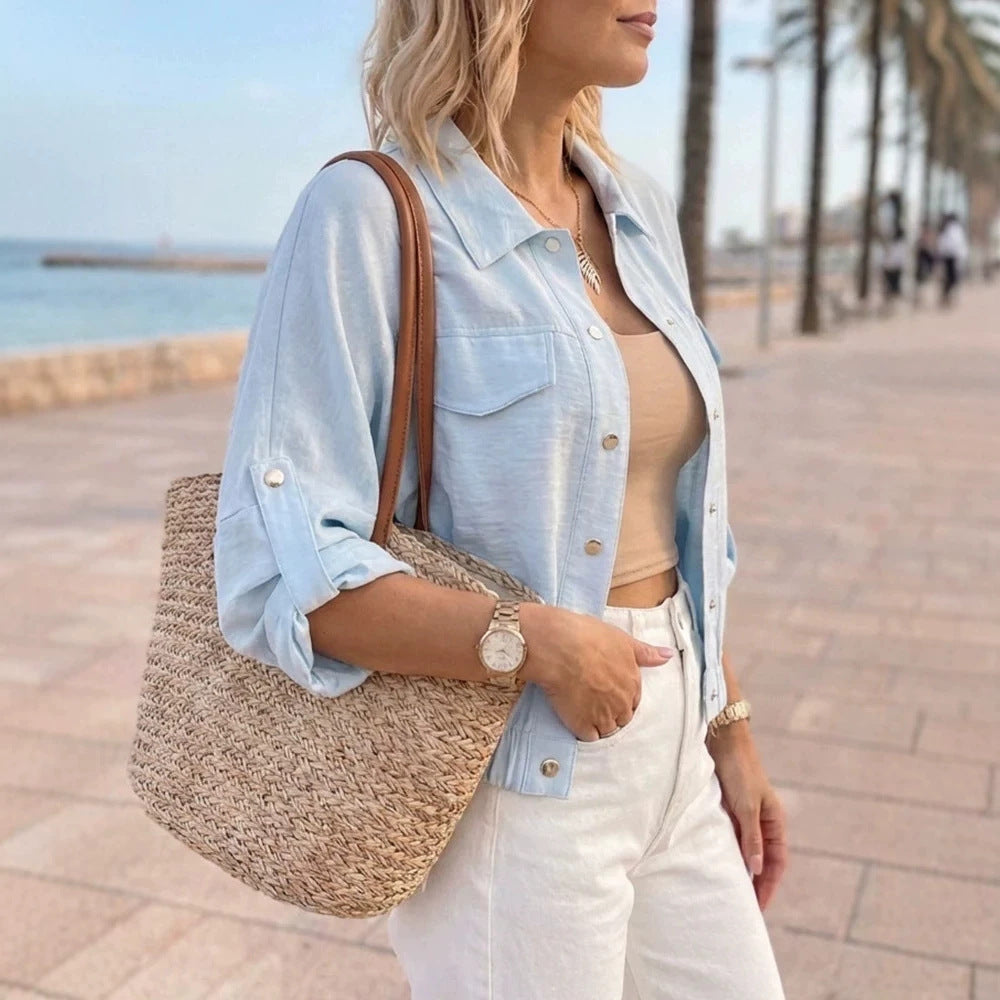 Damen Leichte Chambray-Boxy-Jacke mit Gummibund, Druckknöpfen und aufgesetzten Brusttaschen Shop Nory