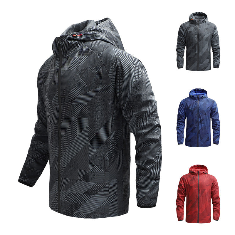 Herren Ultraleichte atmungsaktive Windjacke mit Kapuze und reflektierendem Geometrie-Print Shop Nory