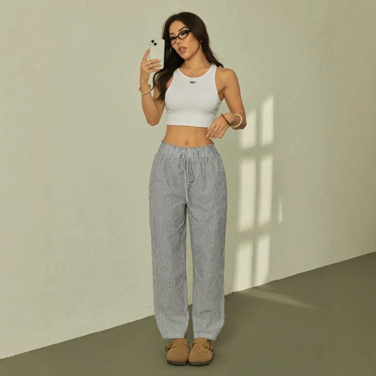 Damen Leinenoptik-Relaxhose mit High-Waist, Kordelzug und Nadelstreifen Shop Nory