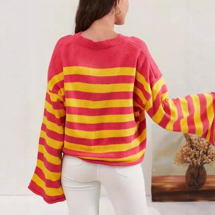Damen Modischer gestreifter Crop-Pullover mit Blumenmuster