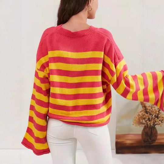 Damen Modischer gestreifter Crop-Pullover mit Blumenmuster