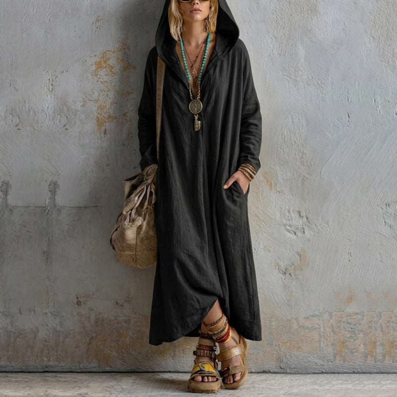 Damen Langes Kapuzenkleid im Boho-Look mit V-Ausschnitt, Eingrifftaschen und lockerem Fall Shop Nory
