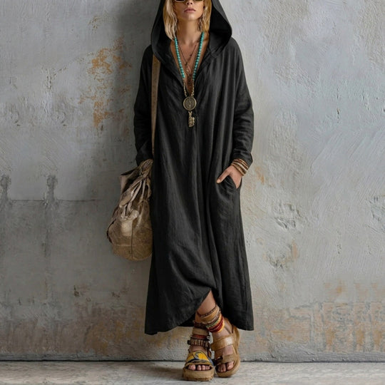 Damen Langes Kapuzenkleid im Boho-Look mit V-Ausschnitt, Eingrifftaschen und lockerem Fall Shop Nory