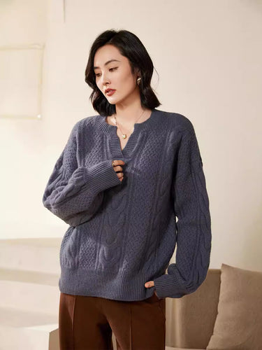 Damen Oversize Zopfstrick-Pullover mit V‑Einsatz und kaschmirähnlicher Weichheit Shop Nory