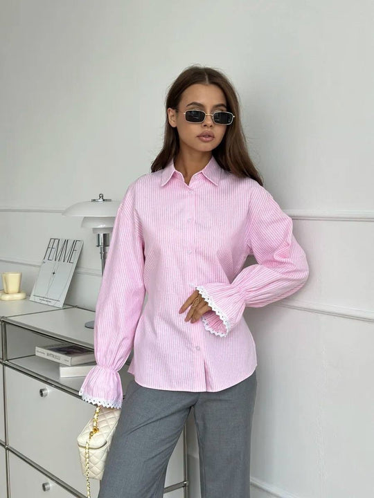 Damen Gestreifte Baumwollbluse mit Spitzenbesatz an Glockenärmeln Shop Nory