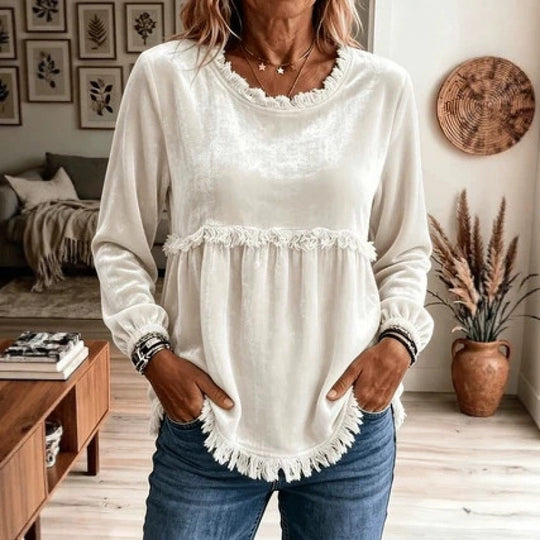 Damen Verspielte Fransen-Tunika mit Empirenaht und Eingrifftaschen Shop Nory