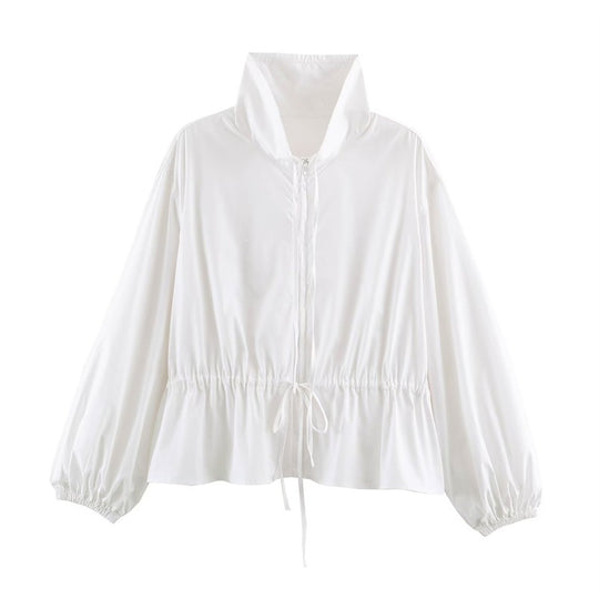 Damen Leichte taillierbare Windjacke mit Stehkragen, Tunnelzug und Ballonärmeln Shop Nory