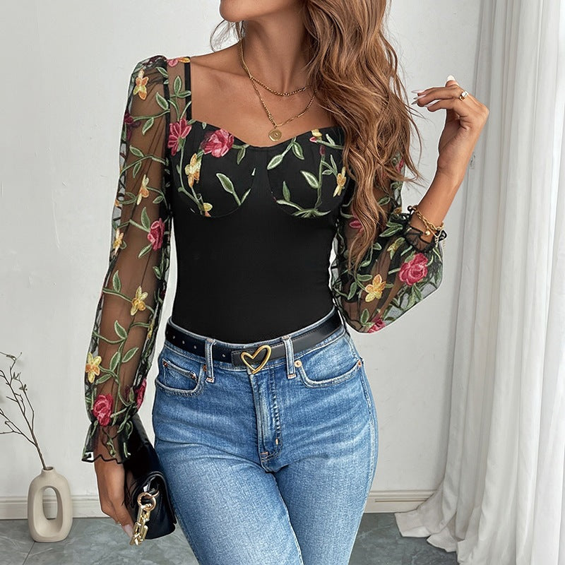 Damen Bestickter Mesh-Bodysuit mit herzförmigem Ausschnitt und langen Puffärmeln Shop Nory