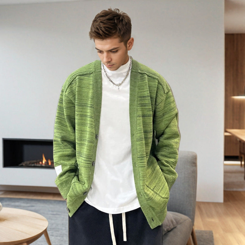 Herren Lockerer Melierter Oversize-Strickcardigan mit Knopfleiste und aufgesetzten Taschen Shop Nory