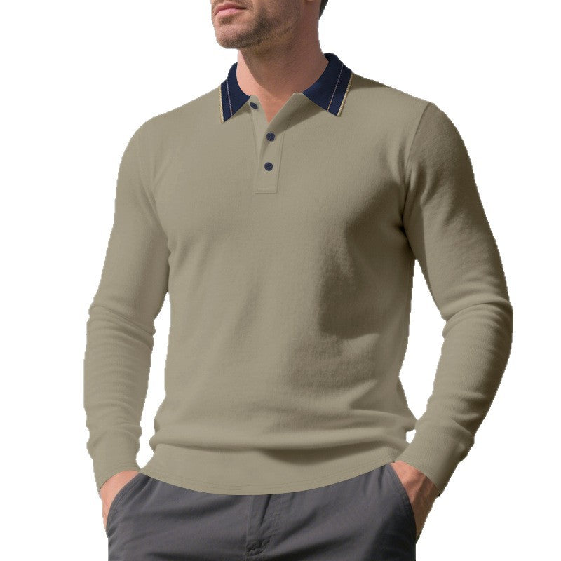 Herren elegantes Langarm-Polohemd mit kontrastierendem Kragen und modischen Knopfdetails
