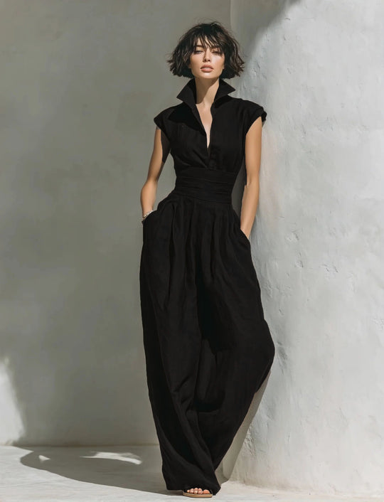 Damen Jumpsuit mit weitem Bein, tailliertem Wickelbund und Stehkragen Shop Nory