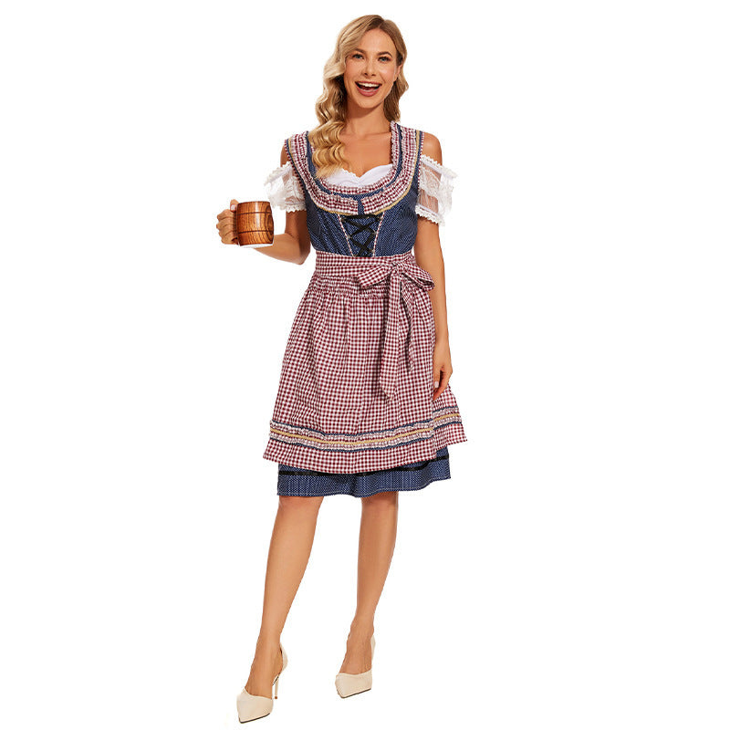 Damen nan traditionelles Trachtenkleid mit Schnürmieder, Spitzenärmeln und karierter Schürze Shop Nory