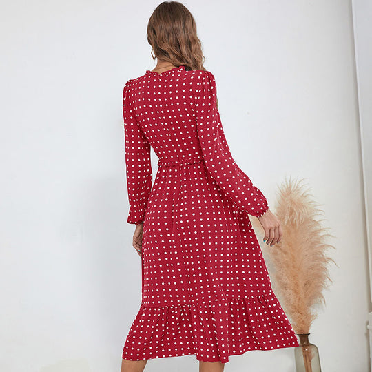 Damen Midikleid im Retro-Polka-Dot-Stil mit Stehkragen, taillierter Raffung und Volant Shop Nory