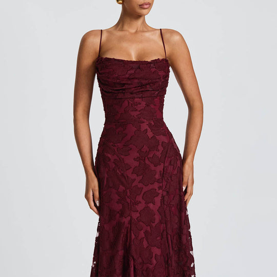 Damen Maxikleid mit floralem Spitzenmuster und schwingendem Rock