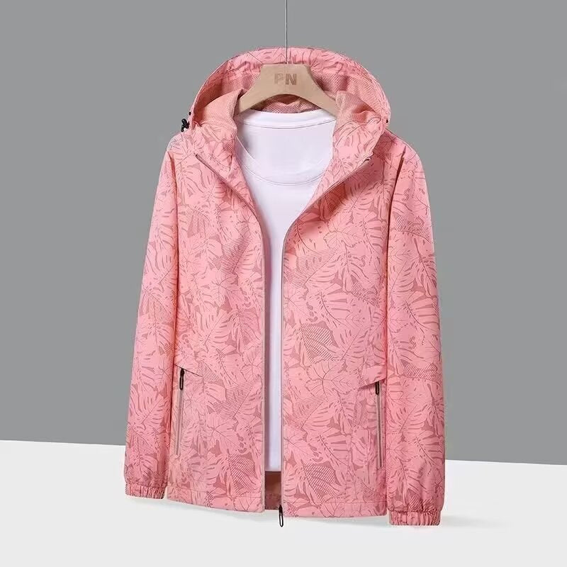Damen Atmungsaktive Kapuzenjacke mit Trendigem Blätterdruck Shop Nory