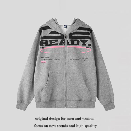 Damen Kapuzen-Sweatjacke mit durchgehendem Reißverschluss, Oversize-Schnitt und Statement-Frontprint Shop Nory