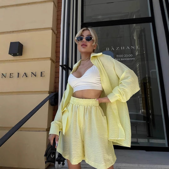 Damen Zweiteiliges texturiertes Loungewear‑Set mit Oversized‑Hemd und elastischer Taillen‑Shorts Shop Nory