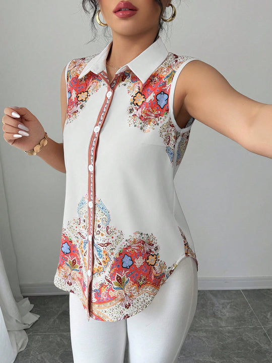 Damen Ärmellose Hemdbluse mit Kentkragen, A-Linien-Silhouette und durchgehender Knopfleiste Shop Nory