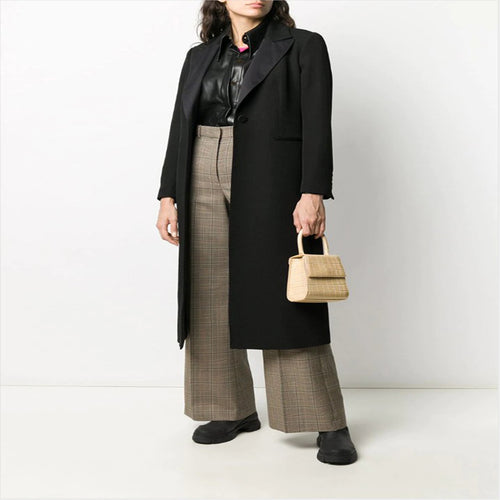 Damen Eleganter Einreihiger Longmantel im Smokingschnitt mit schmalem Revers und Satinbesatz Shop Nory