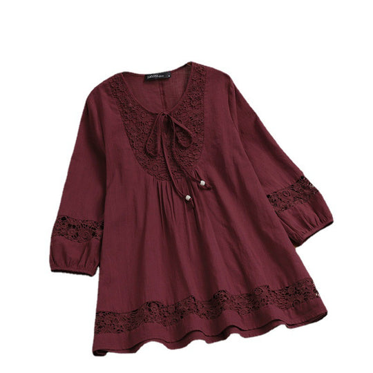 Damen Lässige Tunika-Bluse mit Häkelspitze, Bindekragen und dreiviertel Ärmeln Shop Nory