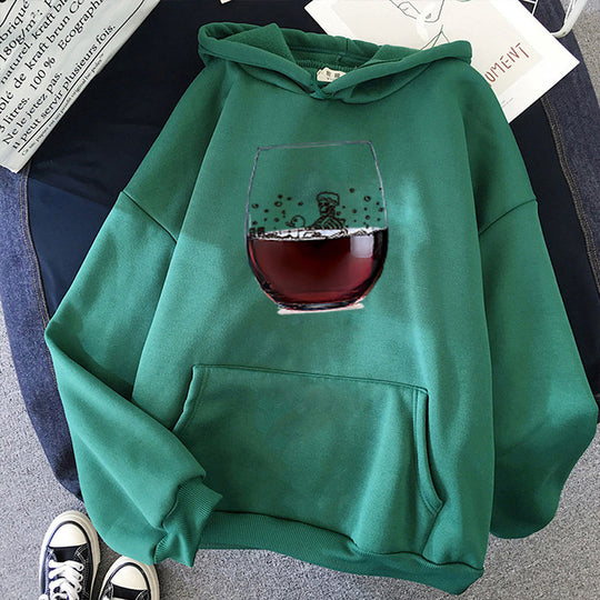 Damen nan lässiger Kapuzenhoodie mit fotorealistischer Weinglas‑Grafik, Kängurutasche und weichem Fleece Shop Nory